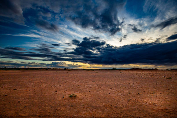 blaue wolken bei sonnenuntergang über harttrockenem rötlich-braunem sahelianland mit verstreuten büschen in der ferne während der regenzeit im sommer außerhalb der niamey-hauptstadt nigers - africa sunset desert landscape stock-fotos und bilder