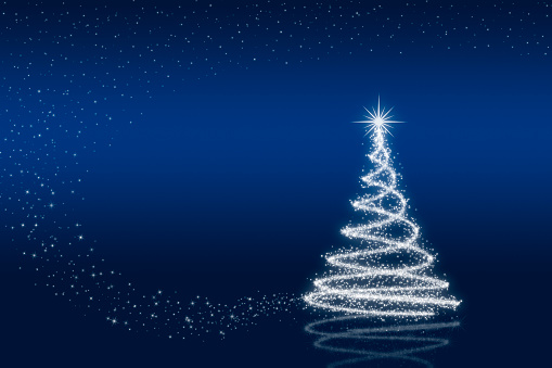 Elegant christmas tree with stars on blue background.