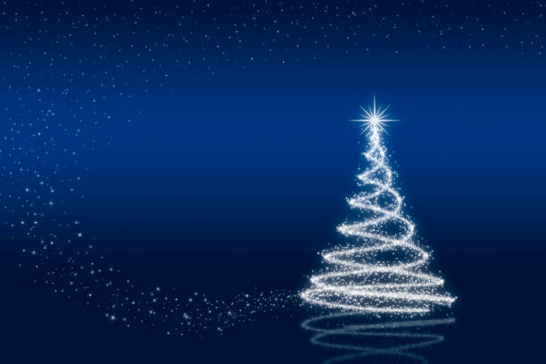 Elegant christmas tree with stars Elegant christmas tree with stars on blue background. greeting card white decoration glitter stock pictures, royalty-free photos & images
