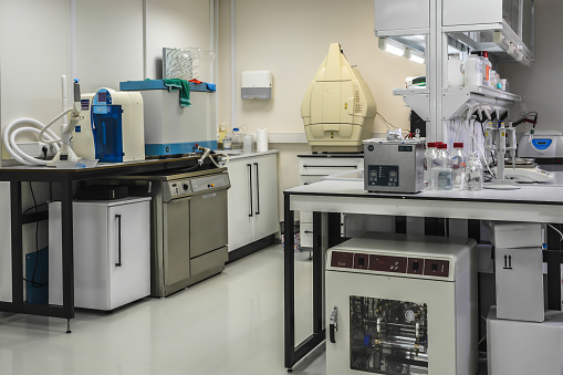 The interior of a modern biological laboratory. Equipment and furniture in the room for scientific research.