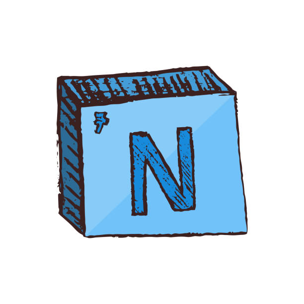 Vector three-dimensional hand drawn blue chemical symbol of nitrogen with an abbreviation N from the periodic table of the elements isolated on a white background. Vector blue symbol of an element nitrogen N – gas constituting a major component of the Earth's atmosphere. Element is isolated on a white background. nitrogen element stock illustrations