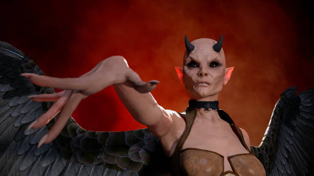 istock Horned female demon posing over red dark background 1175115773