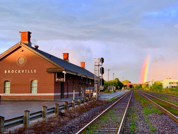 Rainbow Behind Brockville Station stock photo