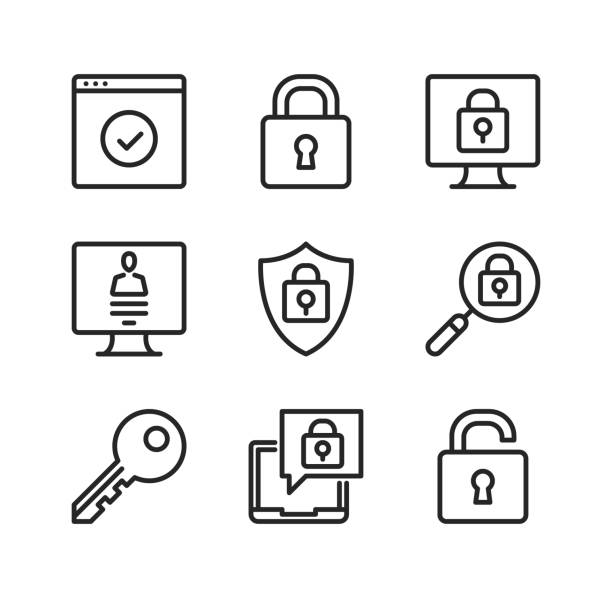 Computer protection vector line icons. Cybersecurity, computer security concepts. Simple outline symbols, modern linear graphic elements collection. Premium quality. Vector thin line icons set Computer protection vector line icons. Cybersecurity, computer security concepts. Simple outline symbols, modern linear graphic elements collection. Premium quality. Vector thin line icons set padlock stock illustrations
