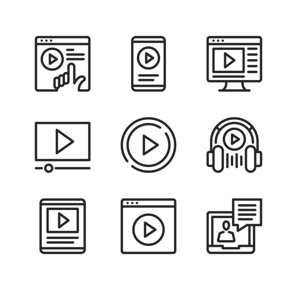 Video vector line icons. Streaming service, online cinema, mobile app, watching video on website, podcasting concepts. Simple outline symbols, modern linear graphic elements collection. Premium quality. Vector thin line icons set Video vector line icons. Streaming service, online cinema, mobile app, watching video on website, podcasting concepts. Simple outline symbols, modern linear graphic elements collection. Premium quality. Vector thin line icons set podcast mobile stock illustrations