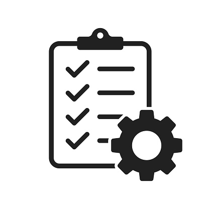 Clipboard with gear isolated icon. Technical support check list icon. Management flat icon concept. Software development. EPS 10