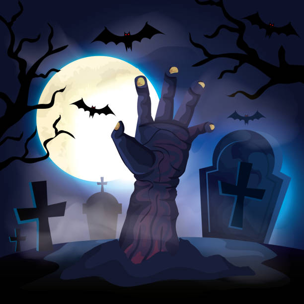 istock hand of zombie with cemetery in halloween scene 1175122778