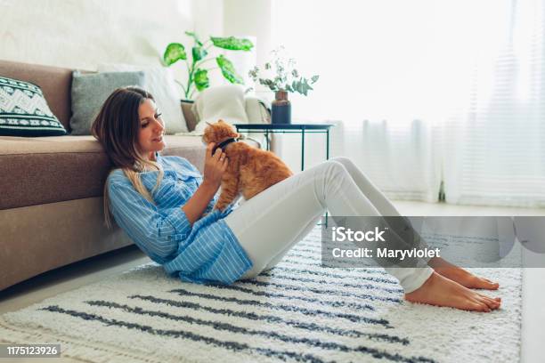 Playing With Cat At Home Young Woman Sitting On Carpet And Hugging Pet Stock Photo - Download Image Now