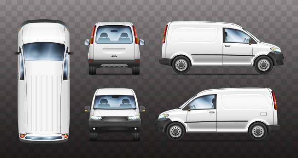 satz von realistischen vektor-illustrationen von mini-van aus unterschiedlicher ansicht. - truck pick up truck side view car stock-grafiken, -clipart, -cartoons und -symbole