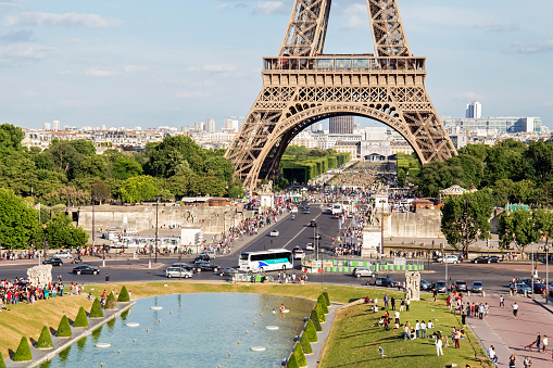 PARIS, FRANCE - JUNE 24, 2017: View of the Eiffel Tower from Place de Trocadero. The Eiffel Tower was constructed from 1887-1889 as the entrance to the 1889 World's Fair by engineer Gustave Eiffel.