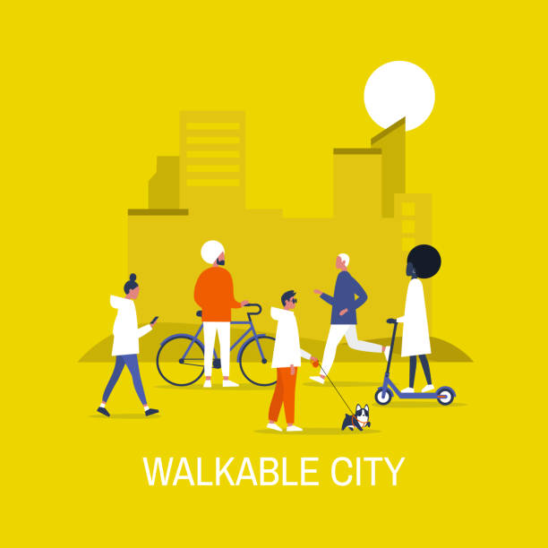 Walkable city. Diversity. Characters on bikes, electric scooters, walking and running young adults. Urban life. Urbanism. Flat editable vector illustration, clip art Walkable city. Diversity. Characters on bikes, electric scooters, walking and running young adults. Urban life. Urbanism. Flat editable vector illustration, clip art time silhouettes stock illustrations
