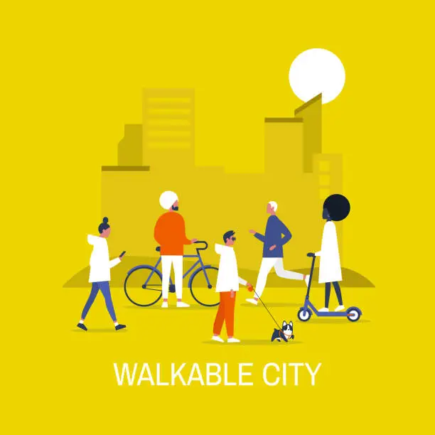 Vector illustration of Walkable city. Diversity. Characters on bikes, electric scooters, walking and running young adults. Urban life. Urbanism. Flat editable vector illustration, clip art