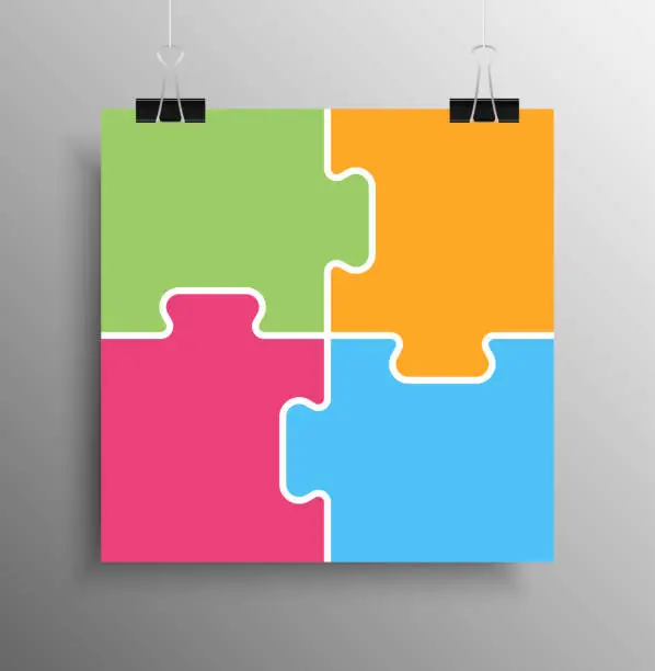Vector illustration of Vector jigsaw puzzle poster template hanging on clip binders.