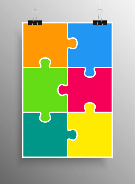 Vector jigsaw puzzle poster template hanging on clip binders. Vector jigsaw puzzle poster template hanging on clip binders. Puzzle grid simple background, banner, blank, backdrop. Jigsaw six pieces infographic creativy business process. 156 number stock illustrations