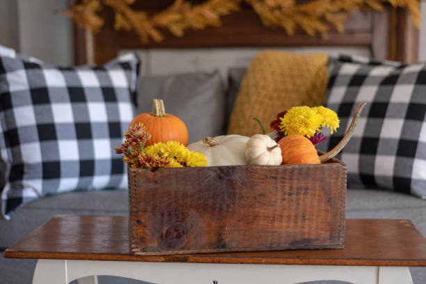 vintage wooden crate filled with pumpkins - decorating the home for fall - contemporary indoors lifestyles domestic room imagens e fotografias de stock