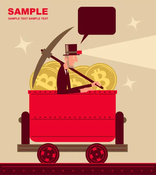 Vector illustration of Businessman with top hat, pick axe and headlight is riding a mine cart full of Bitcoin (cryptocurrency mining)