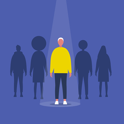 Fame. Male character standing on a stage under the light beam. Outstanding qualities. Skill. Talent. Flat editable vector illustration, clip art