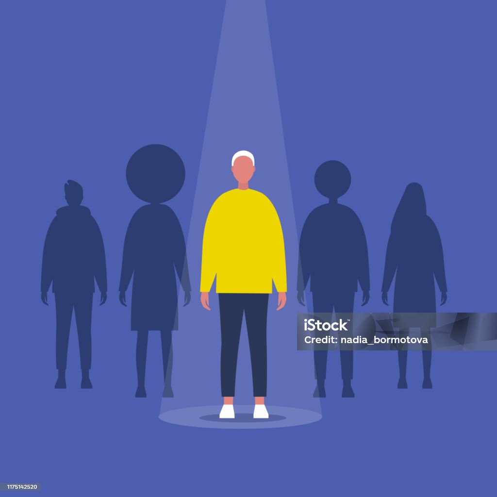 Fame. Male character standing on a stage under the light beam. Outstanding qualities. Skill. Talent. Flat editable vector illustration, clip art Individuality stock vector