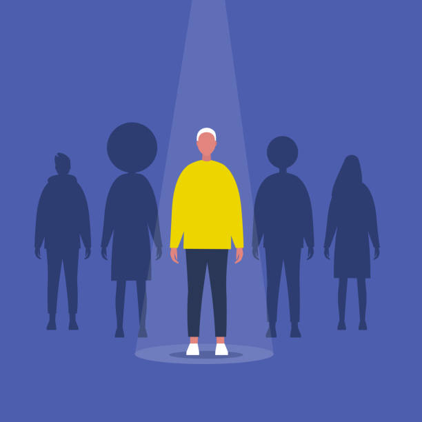 Fame. Male character standing on a stage under the light beam. Outstanding qualities. Skill. Talent. Flat editable vector illustration, clip art Fame. Male character standing on a stage under the light beam. Outstanding qualities. Skill. Talent. Flat editable vector illustration, clip art award silhouettes stock illustrations
