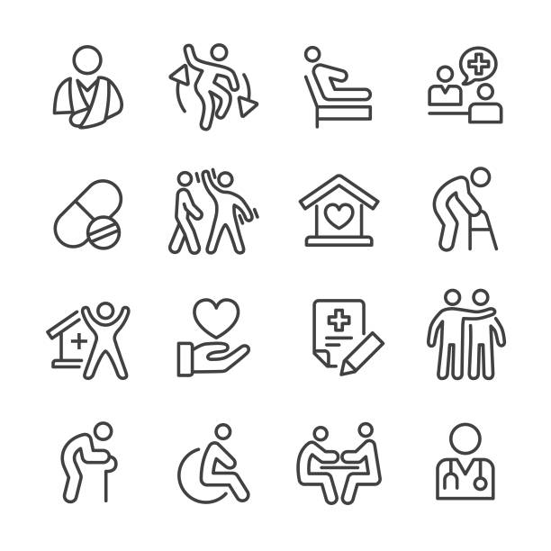 illustrazioni stock, clip art, cartoni animati e icone di tendenza di icone per l'assistenza sanitaria domestica - serie line - silhouette interface icons wheelchair icon set