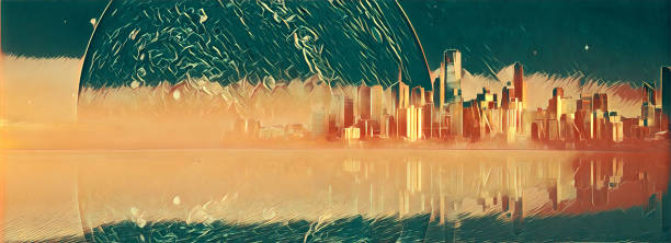 istock Modern skyscrapers skyline and alien planet reflecting in ocean water - digital artwork. Elements of this image are furnished by NASA 1175149547