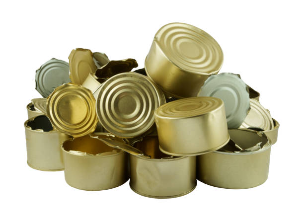 used tin cans isolated - can dented canned food damaged imagens e fotografias de stock