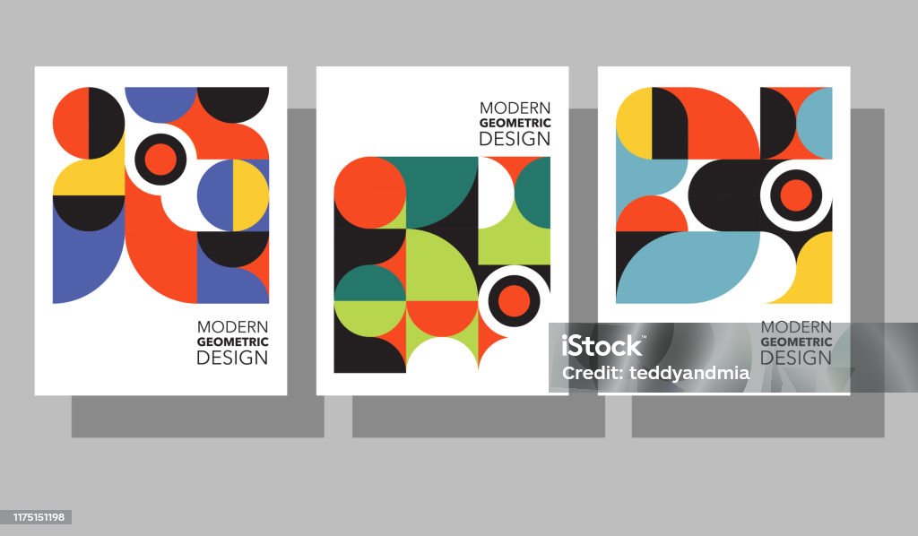 Set of retro geometric graphic design covers. Cool Bauhaus style compositions. Eps10 vector. - Royalty-free Padrão arte vetorial