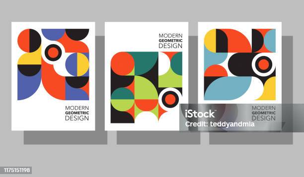 Set Of Retro Geometric Graphic Design Covers Cool Bauhaus Style Compositions Eps10 Vector - Arte vetorial de stock e mais imagens de Padrão