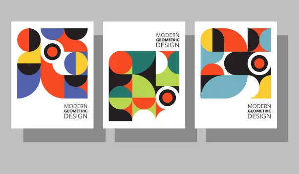 Vector illustration of Set of retro geometric graphic design covers. Cool Bauhaus style compositions. Eps10 vector.