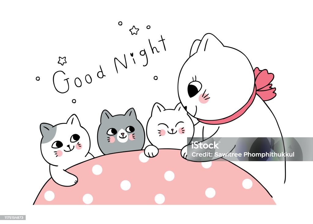 Cartoon Cute Mother And Baby Cat Say Good Night Vector Stock Illustration -  Download Image Now - iStock