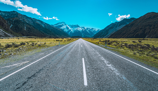 The road to Mt Cook National Park, south island of New Zealand.