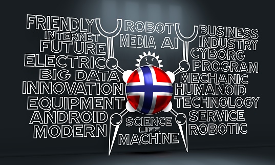 Cute vintage robot. Robotics industry relative words cloud. Cartoon person. Flag of the Norway. 3D rendering