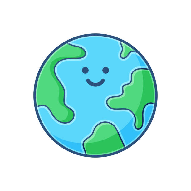 Planet earth emoticon cartoon style Vector illustration of an emoticon of the planet Earth in a cartoon style, flat color and soft shadows. Ideal for social media ideas and concepts, online messaging, mobile apps and technology and business. Also good for travel and transportation concepts and ideas. cartoon earth happy planet stock illustrations