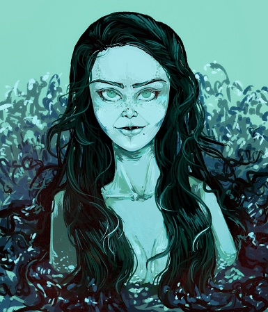 Digital illustration. Out of the dark water a beautiful woman appears. Her beauty, her gaze, luring you into the depths of the sea.