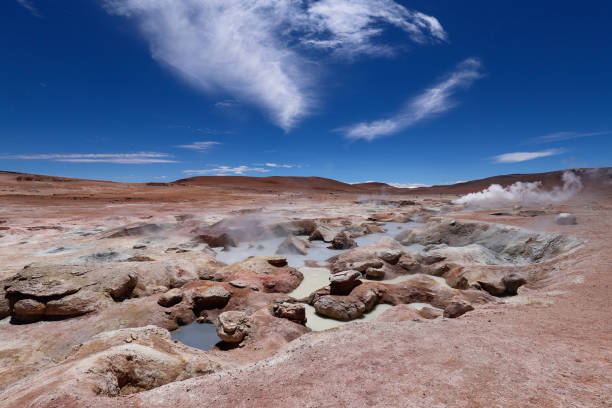 The puddles of boiling mud of the Sol de Mañana Geysers, Bolivia stock photo