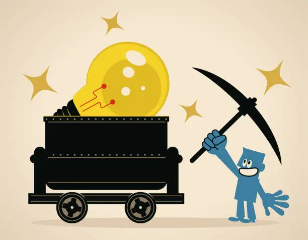 Vector illustration of Businessman (miner) with a cart full of big idea light bulb and a pick axe