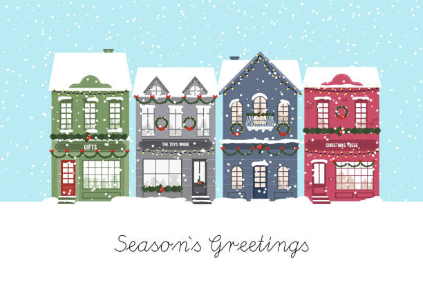 Cute Christmas houses. Winter village. Decorated Houses town. Season s Greetings. Vector Cute Christmas houses. Winter village. Decorated Houses town. Season s Greetings. Vector illustration holiday card stock illustrations