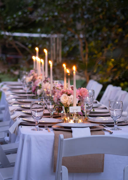 istock Long Outdoor Table Set For A Dinner Party With Custom Flower Arrangements 1175172518