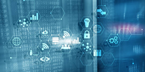 istock Digital concept internet of things information and telecommunication technology. Double exposure icons and server room background 1175177614