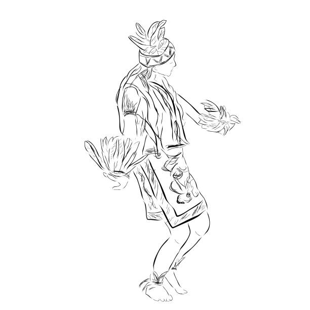 ilustrações, clipart, desenhos animados e ícones de esboço preto simples do esboço do vetor, dançarino de pássaro tradicional de dayak enggang, kalimantan do leste ou ocidental indonésia - dayak