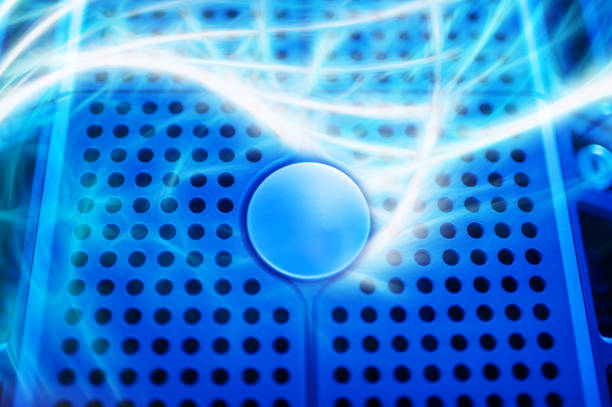 Atom nucleus with electrons on blue background - 3D illustration