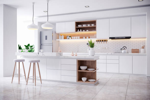 modern contemporary and white kitchen room interior - elegance luxury simplicity household equipment imagens e fotografias de stock
