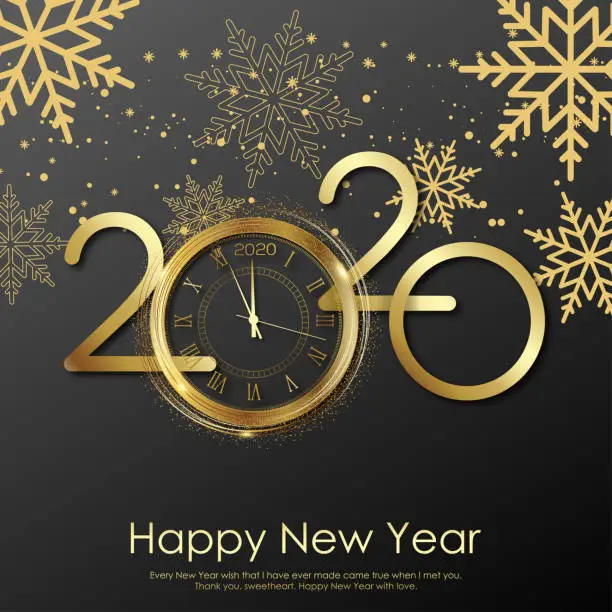Vector illustration of Happy New Year card with gold clock and snowflakes. 2020 Vector