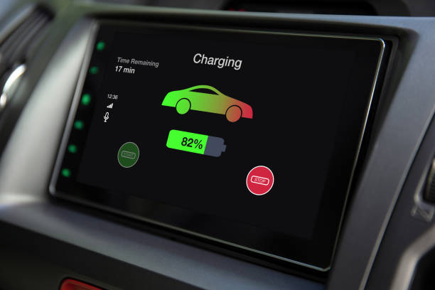 istock eco electric car touch multimedia system with charging battery 1175184081