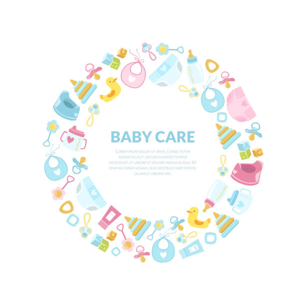 istock Baby Care Banner Template, Round Frame with Newborn Accessories and Place for Text Vector Illustration 1175188539