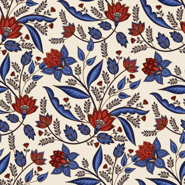 인도 꽃 페이즐리 패턴 벡터 원활한 테두리입니다. 장식 친츠 직물 또는 인도네시아 바틱 사롱에 대한 열대 꽃 모티브. 벽지, 섬유, 담요, 의류 동양 민속 사인. - textile blue leaf paisley stock illustrations