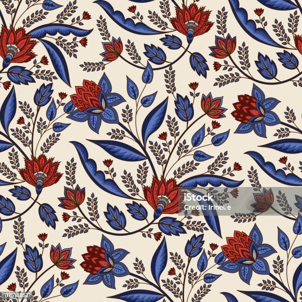 Indische Floral Paisley Patroon Vector Naadloze Rand Tropische Bloemen Motief Voor Decoratie Chintz Stof Of Indonesië Batik Sarong Oosterse Folk Esign Voor Behang Textiel Deken Kleding Stockvectorkunst en meer beelden van Print