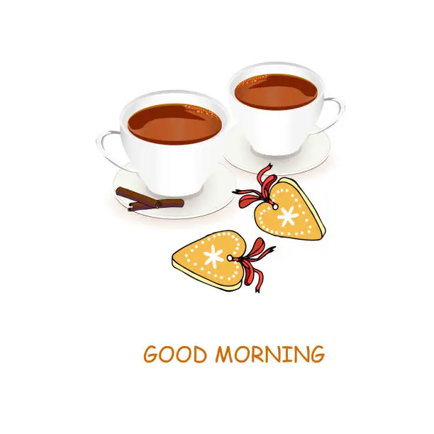 Vector illustration of Two cup of coffee cookies Good morning banner. White cup yellow cookies on white art design elements stock vector illustration