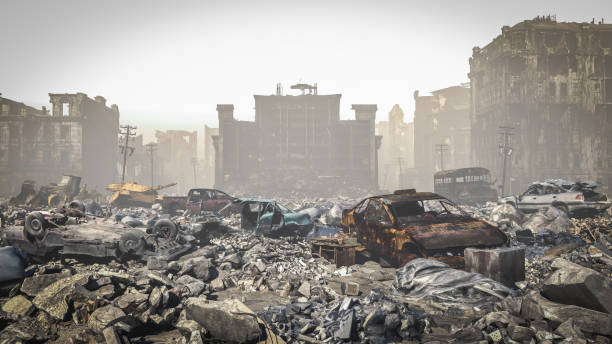 post apocalipsis, ruinas de una ciudad. paisaje apocalíptico - destruction fotografías e imágenes de stock