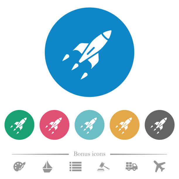 Rocket flat round icons Rocket flat white icons on round color backgrounds. 6 bonus icons included. grass shoulder stock illustrations